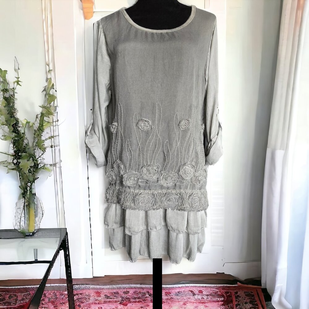 LACE ( LG ) Bohemian Lace Tunic Blouse Flare Tiered Hemline Net Floral Detail